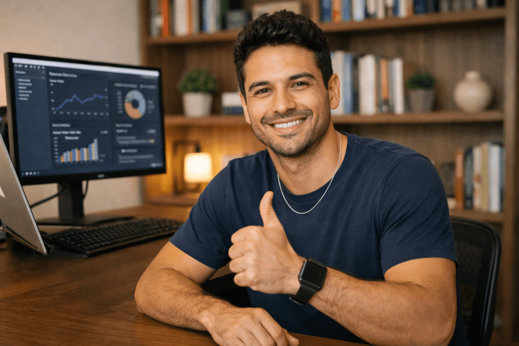 Empreendedor brasileiro trabalhando em home office organizado, com notebook, monitor grande e sorrindo com sinal de positivo.
