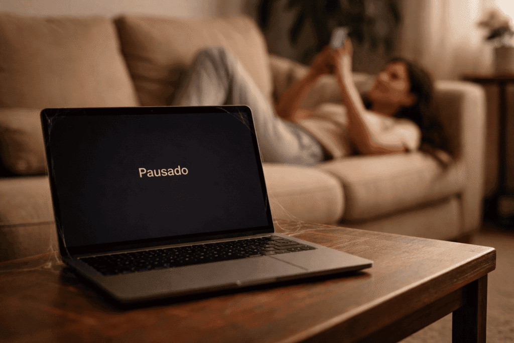 Notebook com curso online pausado e teia de aranha discreta, enquanto mulher no sofá usa o celular, representando procrastinação e cursos comprados que nunca são feitos.